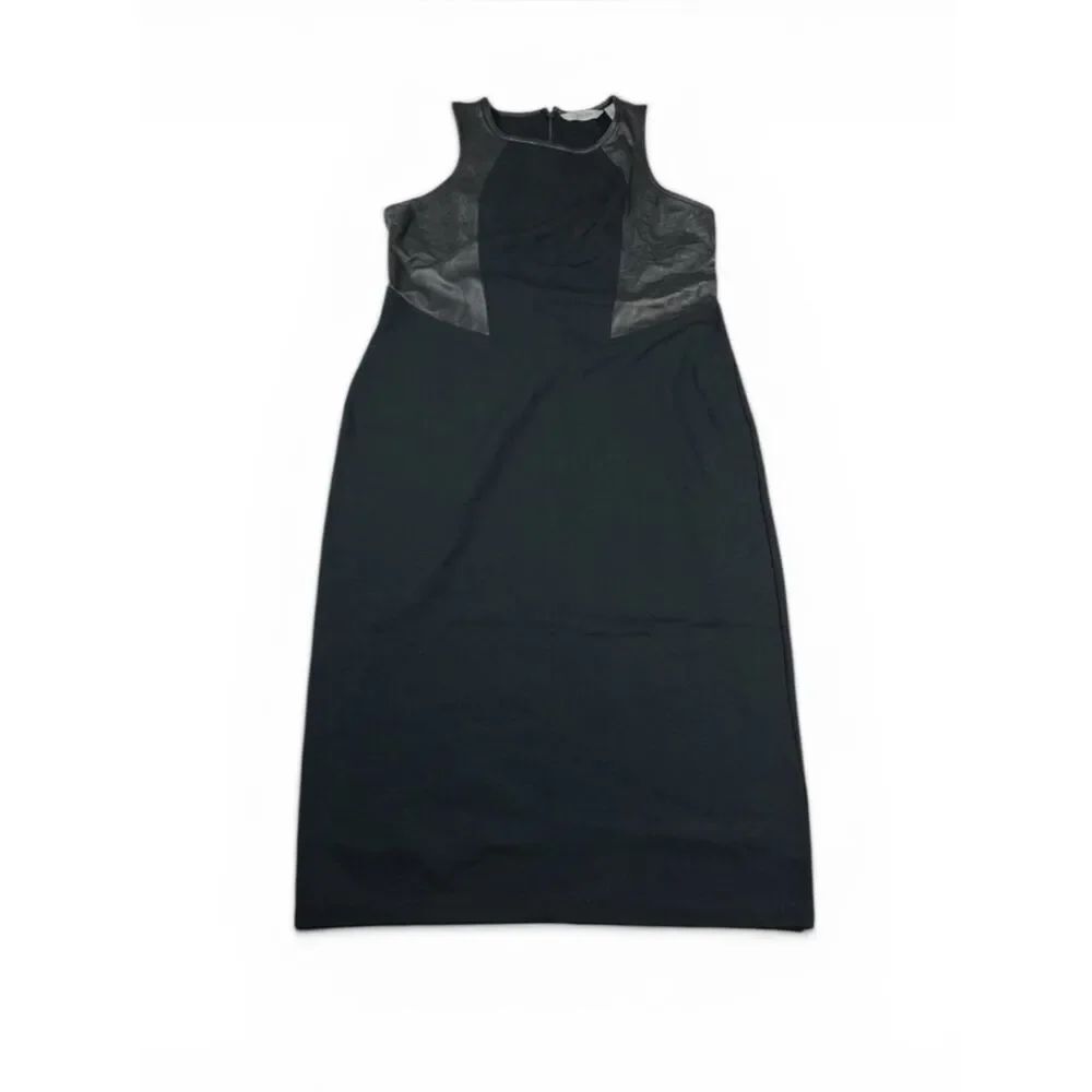 Athleta Ponte Night On The Town Sheath Dress Black Sleeveless Faux Leather SMALL